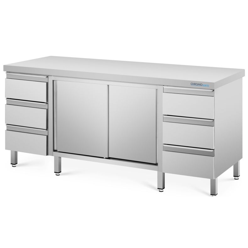 Chromonorm Edelstahl Arbeitsschrank 600 OA Schubladen beidseitig, Schiebetüren